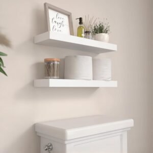 71h7zC25svL._AC_SL1500.jpg 14.9 in White Floating Shelves Set of 2, Wall Mounted Small Shelves, Modern Hanging Shelf for Wall Decor, Display Wall Storage Shelves for Living Room, Bedroom, Bathroom, Kitchen - White