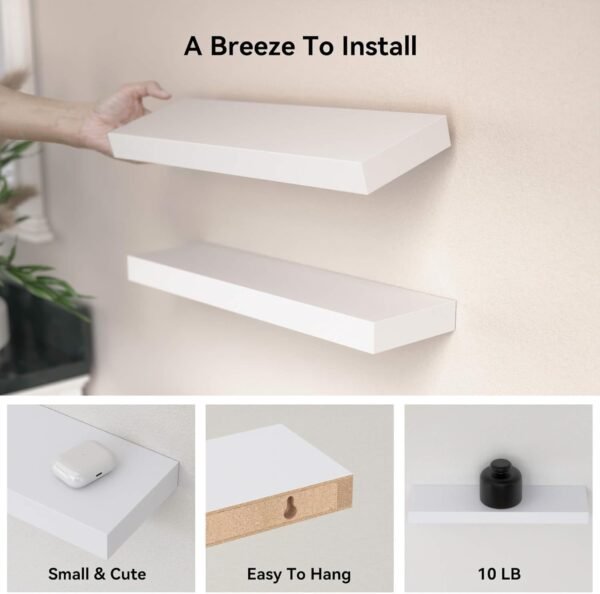 71ien7dYu-L._AC_SL1500.jpg 14.9 in White Floating Shelves Set of 2, Wall Mounted Small Shelves, Modern Hanging Shelf for Wall Decor, Display Wall Storage Shelves for Living Room, Bedroom, Bathroom, Kitchen - White