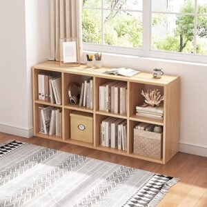 4 Cube Organizer Bookcase - Fabric Storage Bins Container, Open Shelf Simple Compartments Bookshelf, Oak