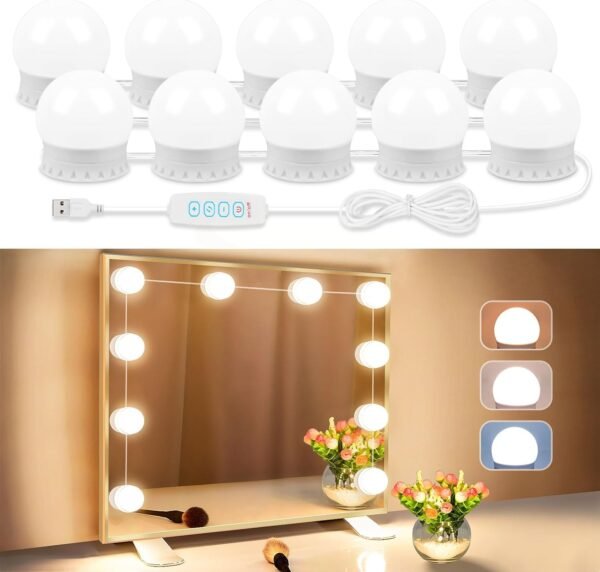 71momHargpL._AC_SL1500-1.jpg LED Vanity Lights for Mirror, Vanity Lights Stick on with 10 Dimmable Bulbs, 3000K 4000K 6500K & 10 Level Brightness Adjustable, USB Cable, Hollywood Mirror Lights for Makeup Dressing Room Bathroom