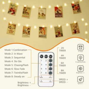 71rC0scdjNL._AC_SL1500-1.jpg 120 LED Photo Clips String Light with Remote, 40FT Fairy Lights with 52 Clear Picture Clips, Timer & 8 Modes USB Powered Copper Wire Lights for Dorm, Bedroom, Christmas, Party (Warm White)