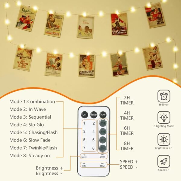 71rC0scdjNL._AC_SL1500-1.jpg 120 LED Photo Clips String Light with Remote, 40FT Fairy Lights with 52 Clear Picture Clips, Timer & 8 Modes USB Powered Copper Wire Lights for Dorm, Bedroom, Christmas, Party (Warm White)