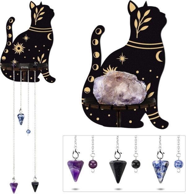 Cute Wall Shelf Wooden Crystal Shelf with 3 Crystals Stones Wall Mounted Crystal Display Shelf Decorative Crystal Wall Shelf Crystal Organizer Floating Shelves for Living Room Bathroom Decor (Cat)