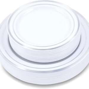 60-Piece Plastic Plates Set Premium 30 Dinner Plates & 30 Salad Plates Pack, Disposable Plates for Party - White Plastic Wedding Plates with Rose Gold Rim
