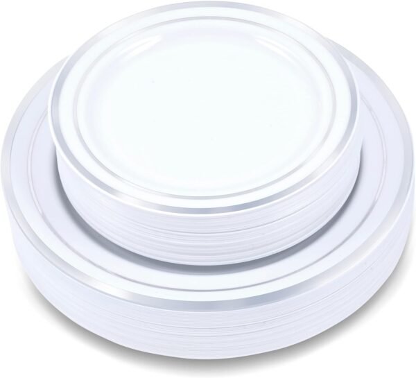 60-Piece Plastic Plates Set Premium 30 Dinner Plates & 30 Salad Plates Pack, Disposable Plates for Party - White Plastic Wedding Plates with Rose Gold Rim