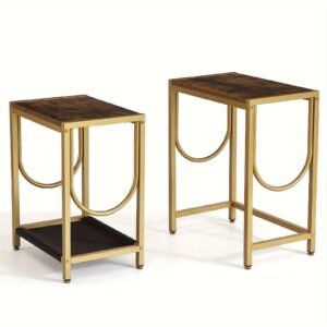 7468fab1-ed52-4177-b300-673be595876f-1.jpg End Table Set of 2 with Gold Metal Frame Small Side Table for Living Room Bedroom Bedside Sofa Table for Small Space Small End Table Easy Assemble Gold