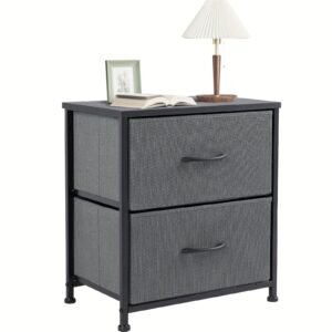 End Table with 2 Drawers for Bedroom, Small Bedside Nightstand, Storage Organizer Furniture, Fabric Cabinet Wood Top, Lightweight, Mini Dresser for Clothes, Closet, Dorm, 20" Height