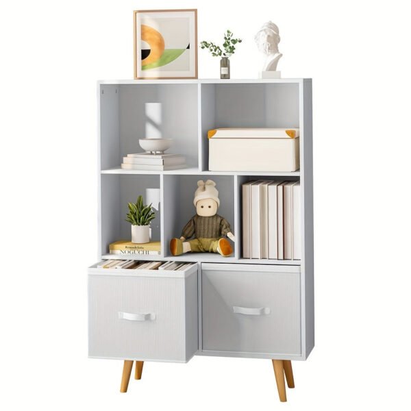 807f7393-059c-4993-bc12-0187dd0dbc53.jpg 3-level wooden 7-cell bookcase, white minimalism, legged bookcase, open bookcase, nursery children's bookcase and toy storage, freestanding standing cubicle storage rack