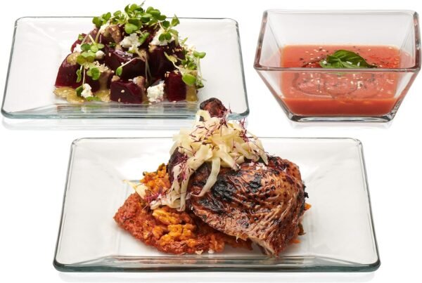 81Cc4k2MwpL._AC_SL1500_c9b97b6b-7f84-45d1-8a54-c6aac1418f9b.jpg Libbey Tempo Glass Dinnerware Set, Sleek Square Clear Glass Plates and Bowls Set of 12, Dishwasher Safe Glass Dishes Set for Dinners and Parties