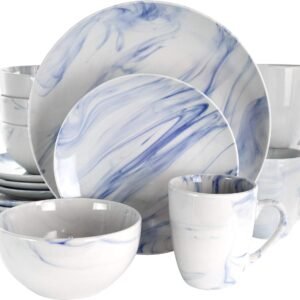 Elama Fine Round Gloss Dinnerware Dish Set, 16 Piece, Black and White Marble