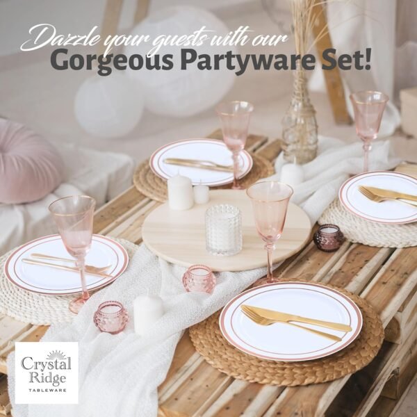 60-Piece Plastic Plates Set Premium 30 Dinner Plates & 30 Salad Plates Pack, Disposable Plates for Party - White Plastic Wedding Plates with Rose Gold Rim