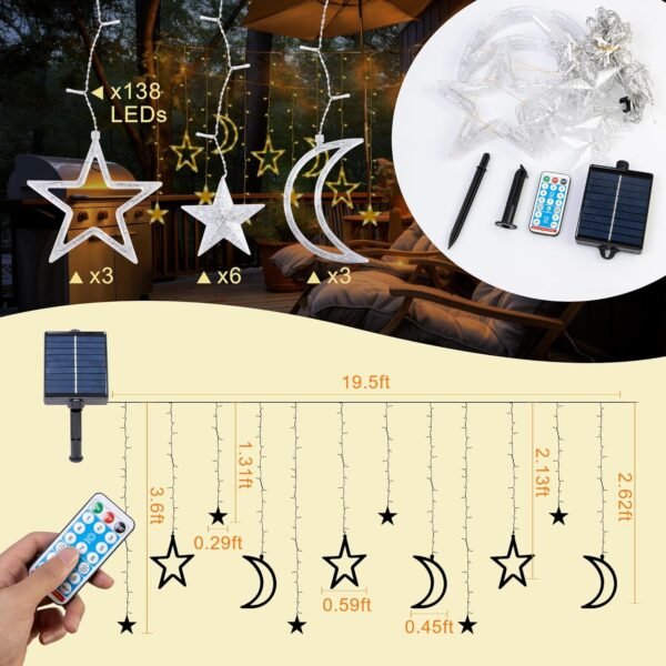 81InrXeGl6L._AC_SL1500-1.jpg Solar Curtain Lights 138*LEDs, Star Moon Ramadan String Lights with 8 Lighting Mode, Timmer Setting, Ramadan Decorations, Waterproof Solar Powered Twinkle Hanging Fairy Lights for Outdoor