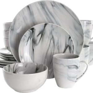 Elama Fine Round Gloss Dinnerware Dish Set, 16 Piece, Black and White Marble