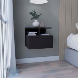Floating nightstand 12" high with one drawer and 2 shelves on the wall, black