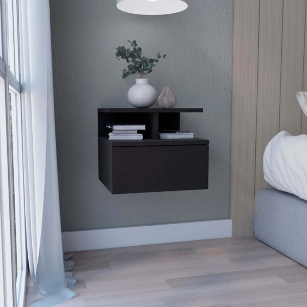 Floating nightstand 12" high with one drawer and 2 shelves on the wall, black