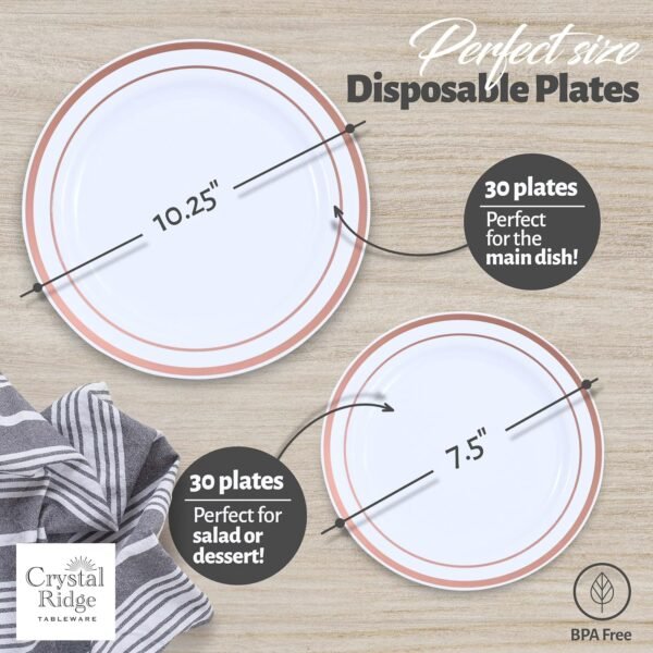 60-Piece Plastic Plates Set Premium 30 Dinner Plates & 30 Salad Plates Pack, Disposable Plates for Party - White Plastic Wedding Plates with Rose Gold Rim