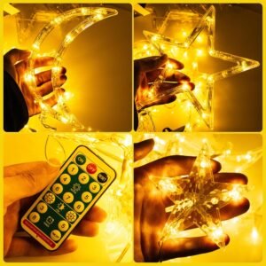 91ceO4rZtXL._AC_SL1500-1.jpg Solar Curtain Lights 138*LEDs, Star Moon Ramadan String Lights with 8 Lighting Mode, Timmer Setting, Ramadan Decorations, Waterproof Solar Powered Twinkle Hanging Fairy Lights for Outdoor