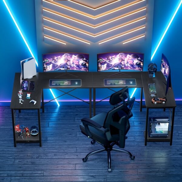 L Shaped Computer Desk - Gaming Table Corner Desk 50 Inch PC Writing Black Desk Study Desks with Wooden Desktop CPU Stand Side Bag Reversible for Home Office Dorm Small Space