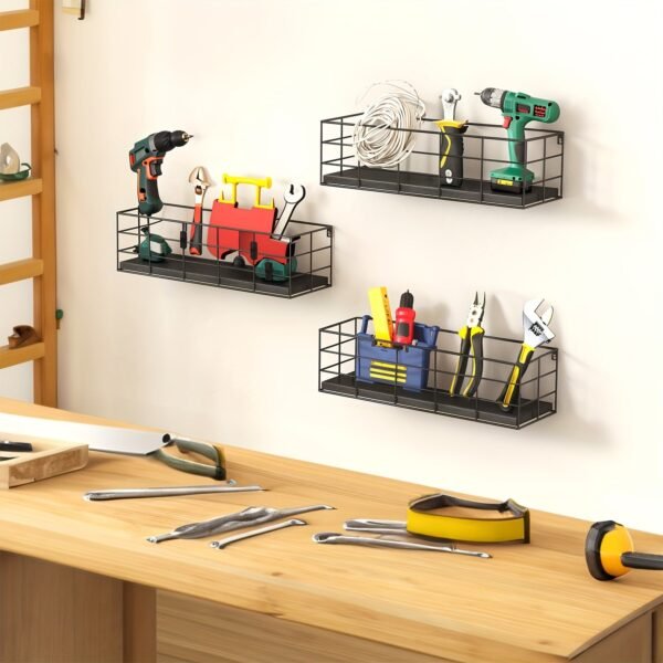 4pcs Floating Shelves, Wall Shelves For Storage, Wall Mounted Hanging Shelves For Living Room Bedroom Bathroom, Wall Decorative Storage Garage Shelf, Saves Space, Classified For Easy Retrieval, Black