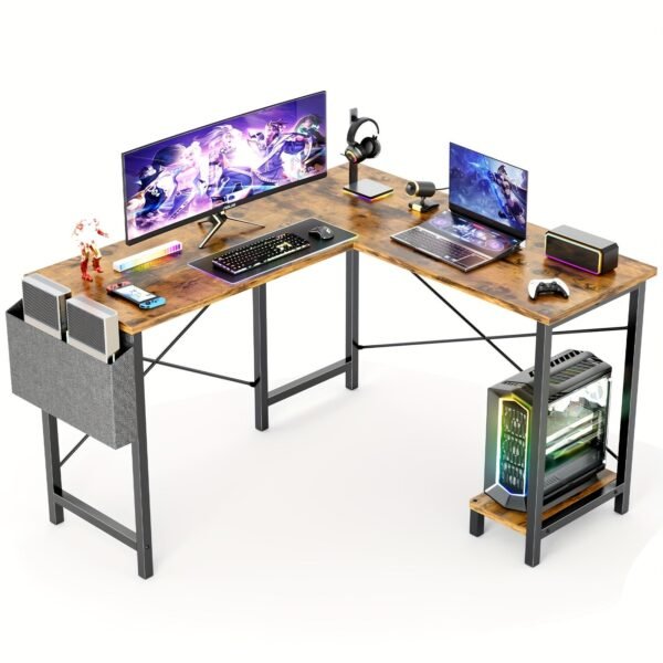 L Shaped Computer Desk - Gaming Table Corner Desk 50 Inch PC Writing Black Desk Study Desks with Wooden Desktop CPU Stand Side Bag Reversible for Home Office Dorm Small Space