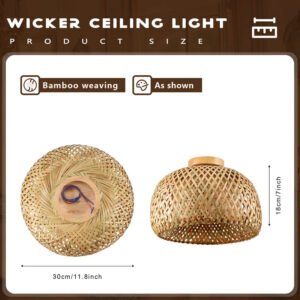 Bamboo Wicker Rattan Light Fixture Flush Mount Hanging Ceiling Lamp For Living Room Bedroom Dining Room