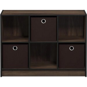 Basic 3x2 Cube Storage Bookcase Organizer with Bins, Columbia Walnut/Dark Brown