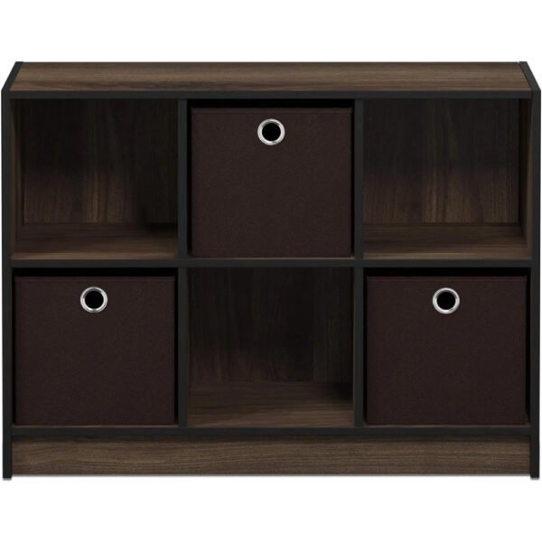 Basic 3x2 Cube Storage Bookcase Organizer with Bins, Columbia Walnut/Dark Brown