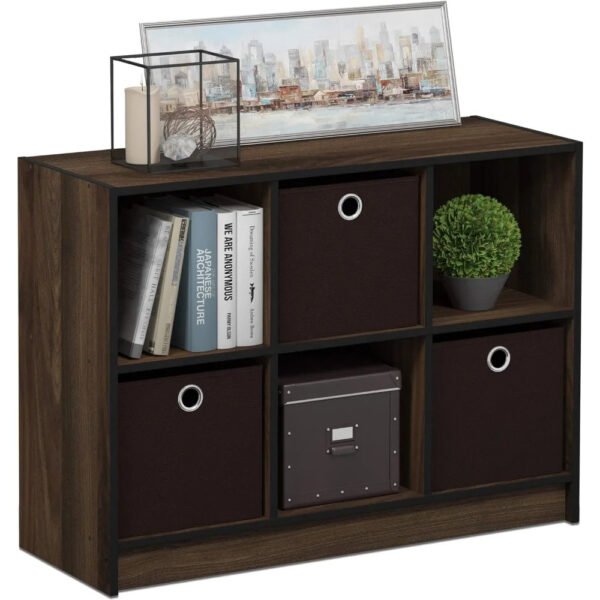Basic 3x2 Cube Storage Bookcase Organizer with Bins, Columbia Walnut/Dark Brown