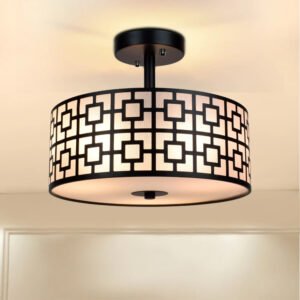 32cm 3-light Rustic Semi Flush Mount Ceiling Light with Drum Shade Black Finish for Kitchen Dining Living Room E26 Base