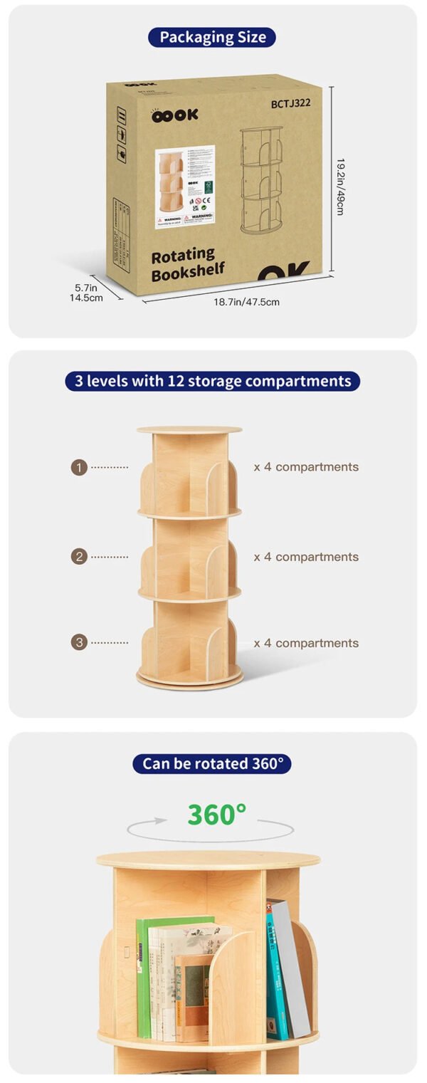 New Wooden Rotating Bookshelf Kids Montessori revolving Bookcases Storage Decoration