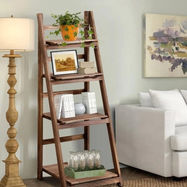 Ladder Shelf, 4-Tier Home Office Ladder Shelf, Small Bookshelf, Leaning Bookshelf Ladder Bookcase Plant Shelf (Brown)