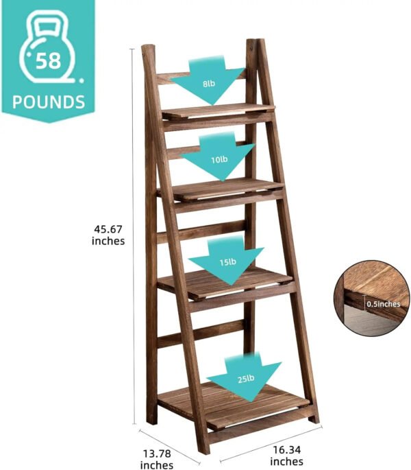 Ladder Shelf, 4-Tier Home Office Ladder Shelf, Small Bookshelf, Leaning Bookshelf Ladder Bookcase Plant Shelf (Brown)