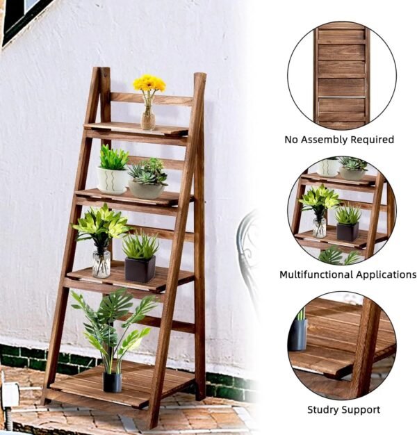 Ladder Shelf, 4-Tier Home Office Ladder Shelf, Small Bookshelf, Leaning Bookshelf Ladder Bookcase Plant Shelf (Brown)