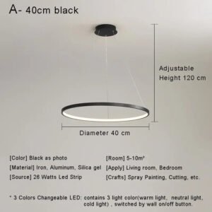 Modern Minimalist Ring LED Pendant Light for Living Dining Room Kitchen Black Chandelier Home Decor Indoor Hanging Light Fixture