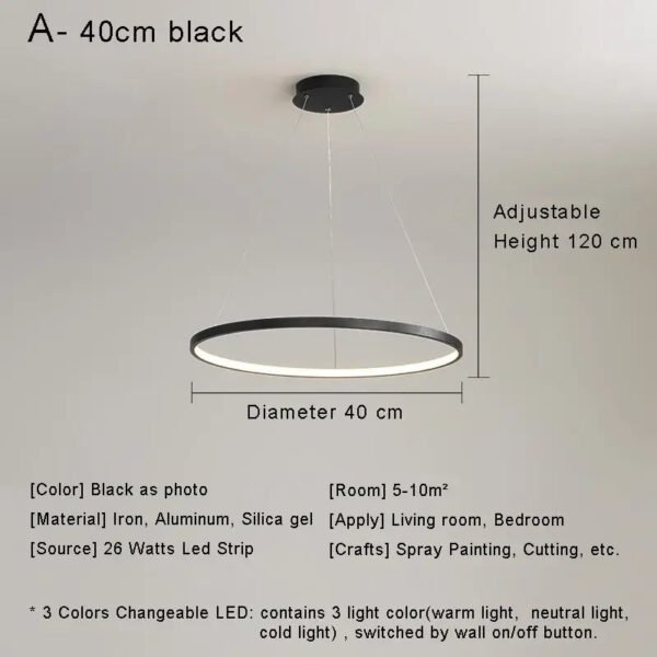 Modern Minimalist Ring LED Pendant Light for Living Dining Room Kitchen Black Chandelier Home Decor Indoor Hanging Light Fixture