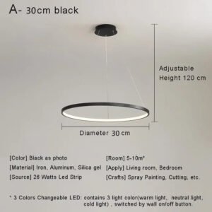 Modern Minimalist Ring LED Pendant Light for Living Dining Room Kitchen Black Chandelier Home Decor Indoor Hanging Light Fixture