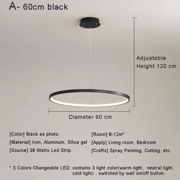 Modern Minimalist Ring LED Pendant Light for Living Dining Room Kitchen Black Chandelier Home Decor Indoor Hanging Light Fixture