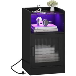 Nightstand with Power Outlet and LED Light, Side End Table with Storage Cabinet, Modern Bedside Table for Bedroom, Living Room