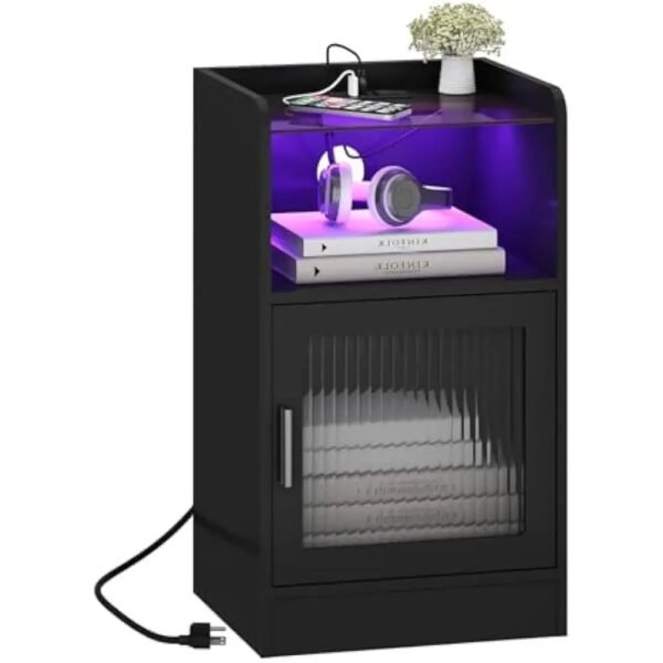 Nightstand with Power Outlet and LED Light, Side End Table with Storage Cabinet, Modern Bedside Table for Bedroom, Living Room