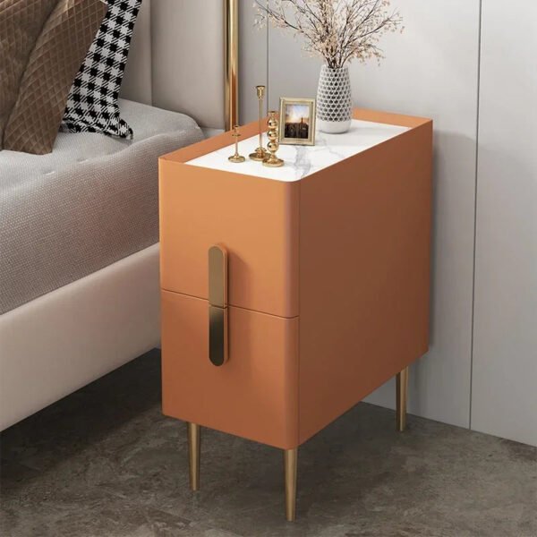 Nordic Style Bedroom Bedside Table Modern Mini Narrow Rock Surface Nightstand Self-Contained 2 Drawers Wooden Bedroom Tables