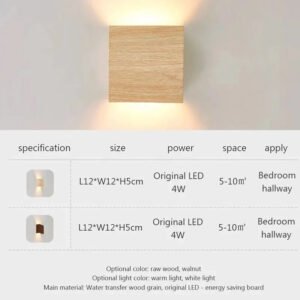Nordic Wood Wall Lamp LED Original Wooden Walnut Square Room Decor Wall Sconce Bedroom Living Rooms Study Staircase Light Lustre