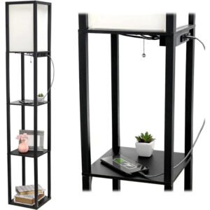 Simple Designs LF1037-BLK Floor Lamp Etagere Organizer Storage Shelf with 2 USB Charging Ports, 1 Charging Outlet and Linen