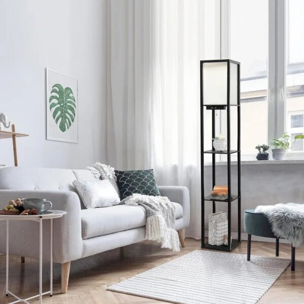 Simple Designs LF1037-BLK Floor Lamp Etagere Organizer Storage Shelf with 2 USB Charging Ports, 1 Charging Outlet and Linen