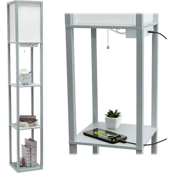 Simple Designs LF1037-BLK Floor Lamp Etagere Organizer Storage Shelf with 2 USB Charging Ports, 1 Charging Outlet and Linen