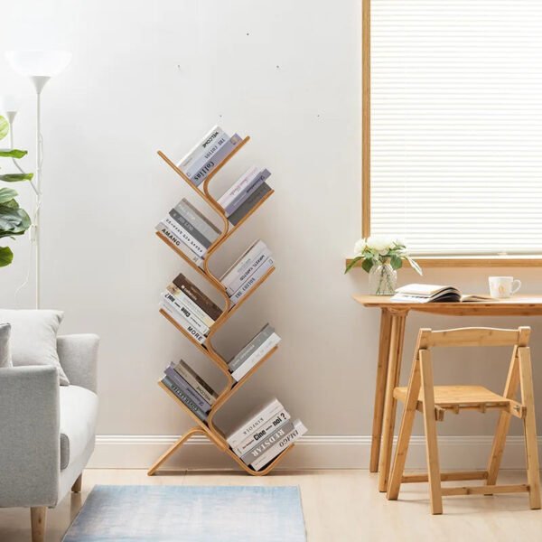 Tree-Bookshelf-8-Tier-Space-Saving-Corner-Bookcase-Holds-Books-CDs-Games-for-Bedroom-Living-Room_b8f4cf2f-b9e2-4194-95e6-2e4b99b8a47d.jpg Tree Bookshelf, 8-Tier Space-Saving Corner Bookcase, Holds Books, CDs, Games, for Bedroom, Living Room, Rustic Brown