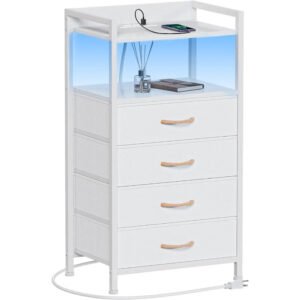 White Dresser with 4 Storage Drawer, Tall Dresser for Bedroom with Led Light and Charging Station, Nightstand Side Table