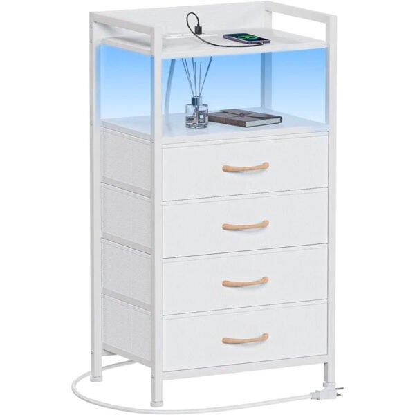 White Dresser with 4 Storage Drawer, Tall Dresser for Bedroom with Led Light and Charging Station, Nightstand Side Table