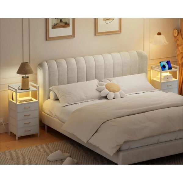 White Dresser with 4 Storage Drawer, Tall Dresser for Bedroom with Led Light and Charging Station, Nightstand Side Table