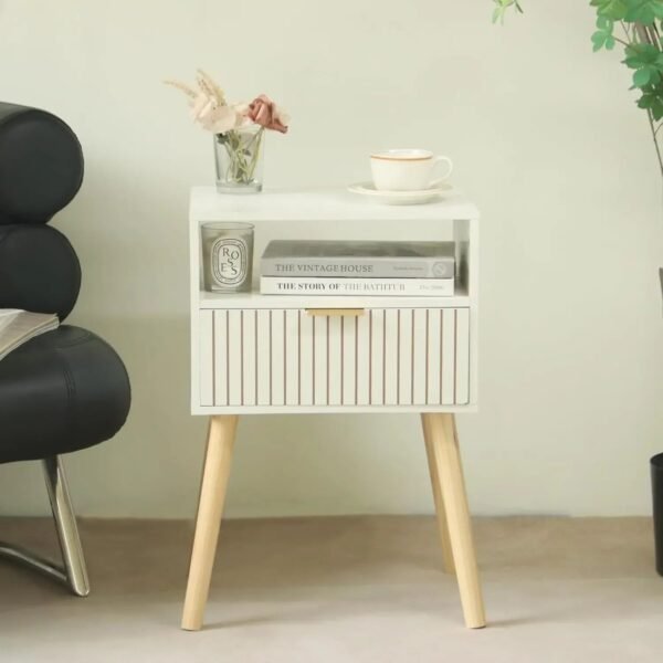 White Nightstand, Mid Century Modern  Small Bedside Table End  for Bedroom with 2-Tier Storage,