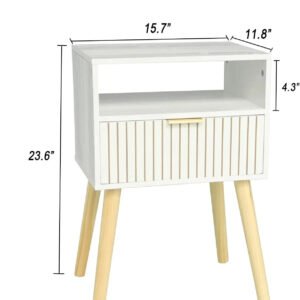 White Nightstand, Mid Century Modern  Small Bedside Table End  for Bedroom with 2-Tier Storage,